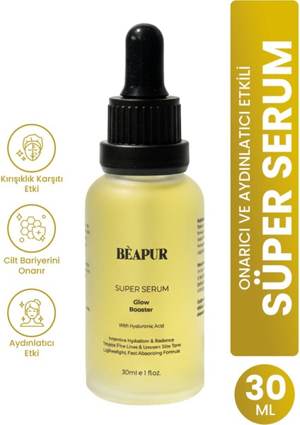 SÜPER SERUM Kırışıklık Karşıtı, Nemlendirici, Aydınlatıcı & Onarıcı Hyaluronik Asit Cilt Serumu 30ml