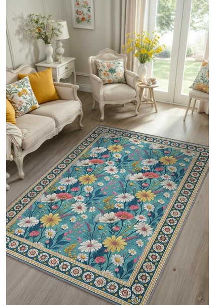 Yıkanabilir Dokuma Pamuk Tabanlı Kaymaz Tabanlı Çiçekli Mavi Salon Halısı, Maksimalist Ev Dekoru, Yıkanabilir Halı