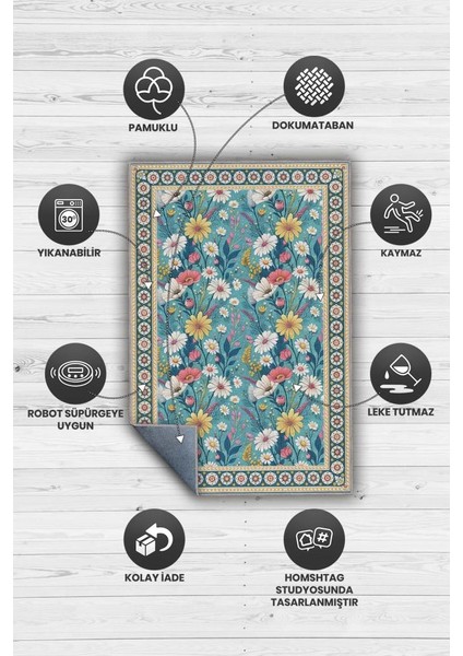 Yıkanabilir Dokuma Pamuk Tabanlı Kaymaz Tabanlı Çiçekli Mavi Salon Halısı, Maksimalist Ev Dekoru, Yıkanabilir Halı modelleri