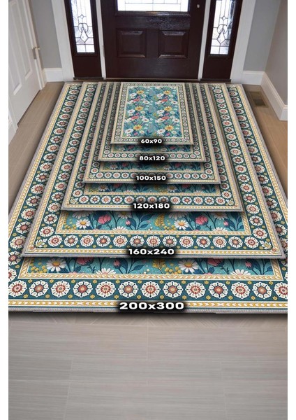 Yıkanabilir Dokuma Pamuk Tabanlı Kaymaz Tabanlı Çiçekli Mavi Salon Halısı, Maksimalist Ev Dekoru, Yıkanabilir Halı fırsatları