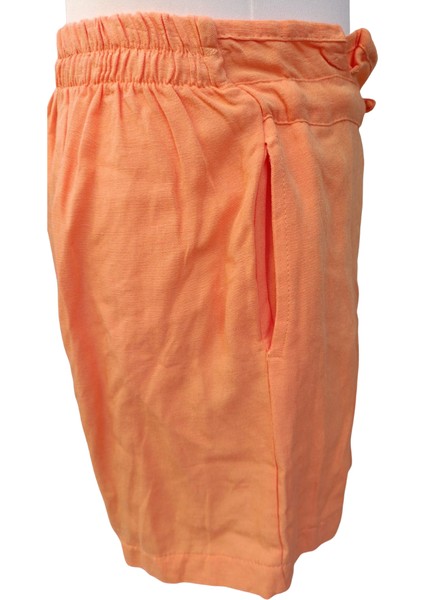 Kız Çocuk Somon Renk Keten Görünümlü Yumuşak Pamuk Şort – Lastikli Bel ve Cepli