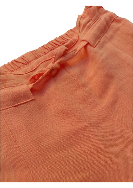 Kız Çocuk Somon Renk Keten Görünümlü Yumuşak Pamuk Şort – Lastikli Bel ve Cepli