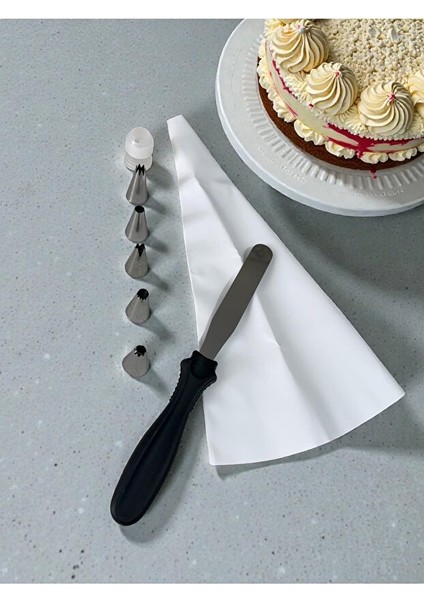 Krema Sıkma Torbası Seti 8 Parça Krema Kek Süsleme Torbası Paslanmaz Çelik Uçlu + Spatula Hediyeli