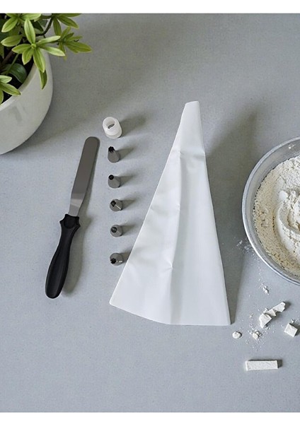 Krema Sıkma Torbası Seti 8 Parça Krema Kek Süsleme Torbası Paslanmaz Çelik Uçlu + Spatula Hediyeli
