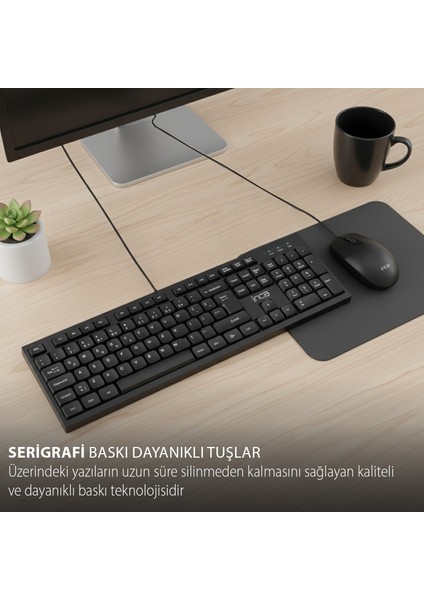 IMK-376T Kablolu Türkçe Q Klavye Mouse Seti | 105 Tuş Ergonomik Tasarım USB 2.0 10 Milyon Tuş Ömrü
