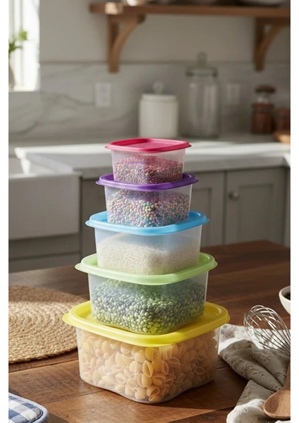 5'li Kare Saklama Kabı Seti Renkli Kapaklı Erzak Bakliyat Düzenleyici Kutu | Çok Amaçlı Mutfak Seti