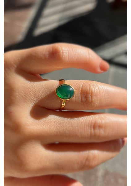 Gümüş 10X8 mm Yeşil Taşlı Altın Kaplama Yüzük