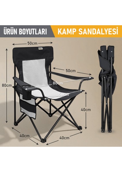 Kamp Sandalyesi, Outdoor, Plaj ve Piknik Için Katlanır Kamp Sandalyesi, Standart Boy - Siyah fiyatları