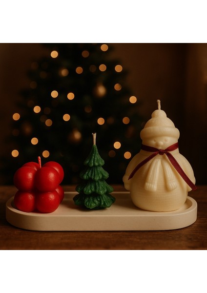 Premium Yılbaşı 4'lü Mum Seti | Kardan Adam, Çam Ağacı Bubble Mum Taş Tabak | Yeni Yıl Hediyelik