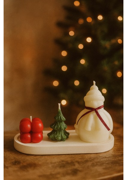 Premium Yılbaşı 4'lü Mum Seti | Kardan Adam, Çam Ağacı Bubble Mum Taş Tabak | Yeni Yıl Hediyelik fiyatları