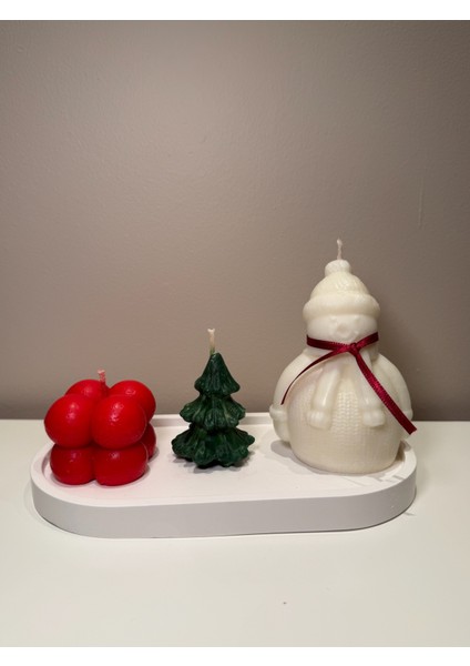 Premium Yılbaşı 4'lü Mum Seti | Kardan Adam, Çam Ağacı Bubble Mum Taş Tabak | Yeni Yıl Hediyelik modelleri