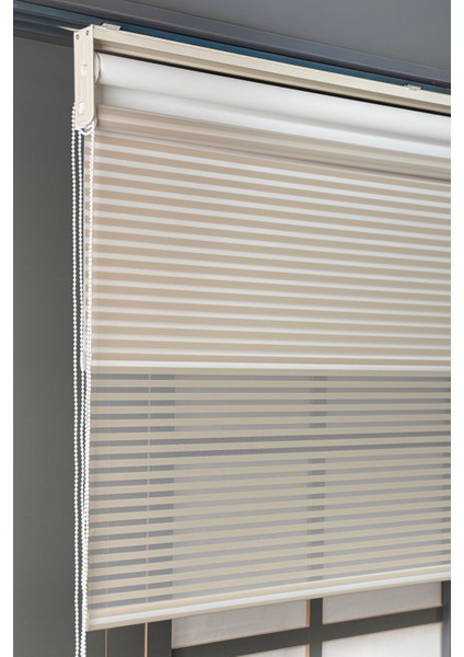 Bizden Perde Çift Mekanizmalı Kum Beji Jaluzi Görünümlü Tül ve Stor Güneşlik Perdeler