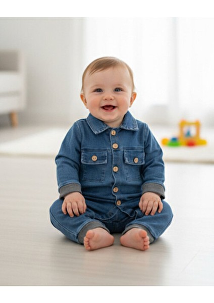 Mavi Düğme Detaylı Bebek Kot Tulum Uzun Kol Regular Kesim Pamuklu Kumaş modelleri