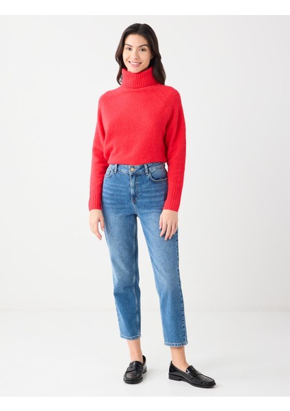 Kırmızı Uzun Kollu Balıkçı Yaka Yün Karışımlı Triko Kazak