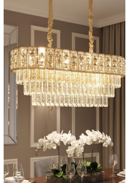 Asel Gold 90 cm Kristal Taşlı Modern Avize – Yemek Masası ve Salon