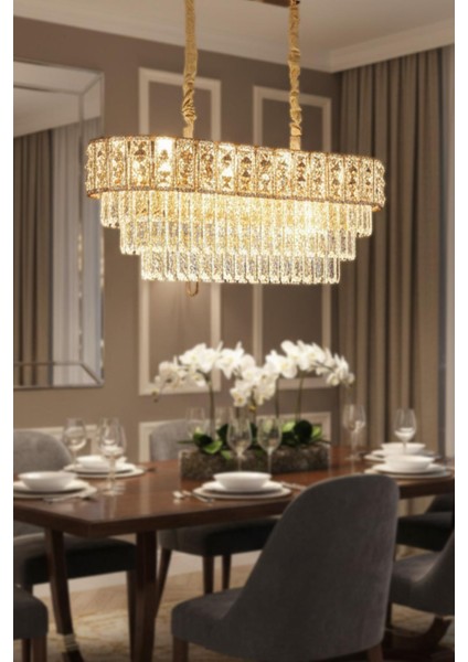 Asel Gold 90 cm Kristal Taşlı Modern Avize – Yemek Masası ve Salon fiyatları