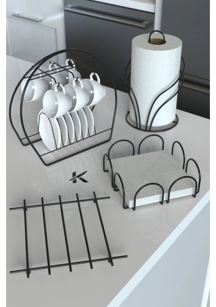 Siyah Fincanlıklı 4'lü Sofra Servis Sunum Seti