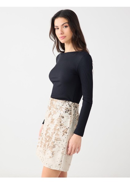 Ekru Düz Kesim Normal Bel Payetli Örme Etek