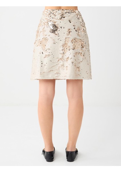 Ekru Düz Kesim Normal Bel Payetli Örme Etek