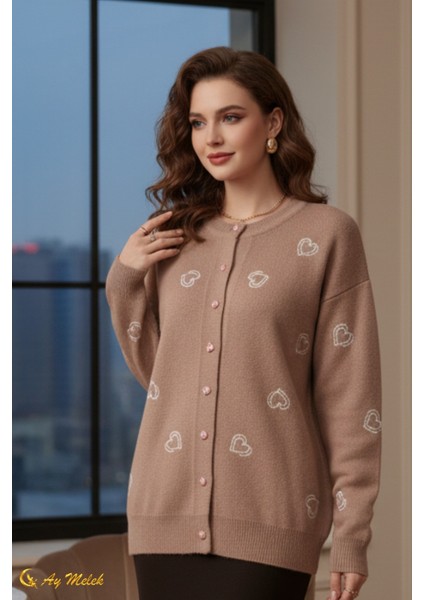 Kadın Triko Hırka Yumuşak V Yaka Kalpli Düğmeli Kazak