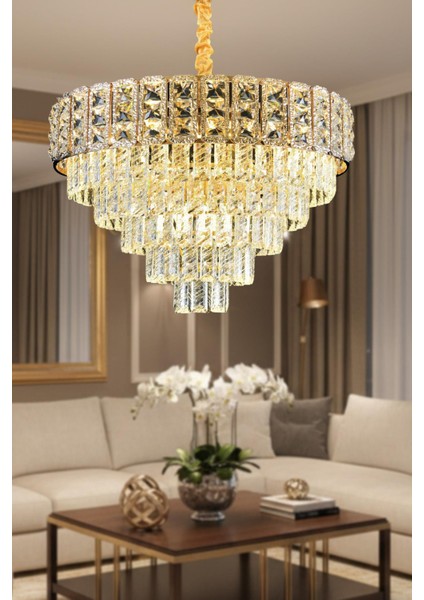 Asel Gold 60 cm Kristal Taşlı Modern Avize – Salon ve Oturma Odası