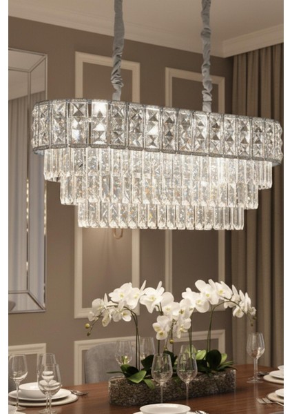 Asel Krom 90 cm Kristal Taşlı Modern Avize – Yemek Masası ve Salon