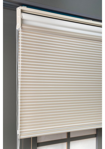 Bizden Perde Çift Mekanizmalı Kum Beji Jaluzi Görünümlü Tül ve Stor Güneşlik Perdeler fiyatları