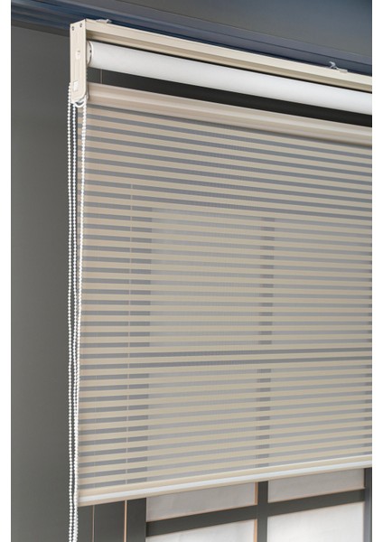 Bizden Perde Çift Mekanizmalı Kum Beji Jaluzi Görünümlü Tül ve Stor Güneşlik Perdeler modelleri