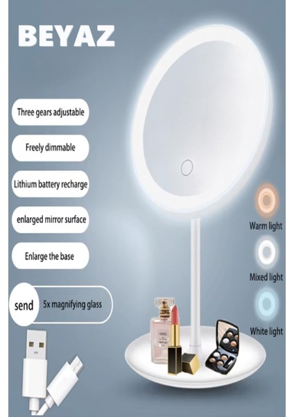 Beyaz Renk LED Işıklı USB Şarjlı Masa Üstü Makyaj Aynası Dokunmatik Makyaj Aynası