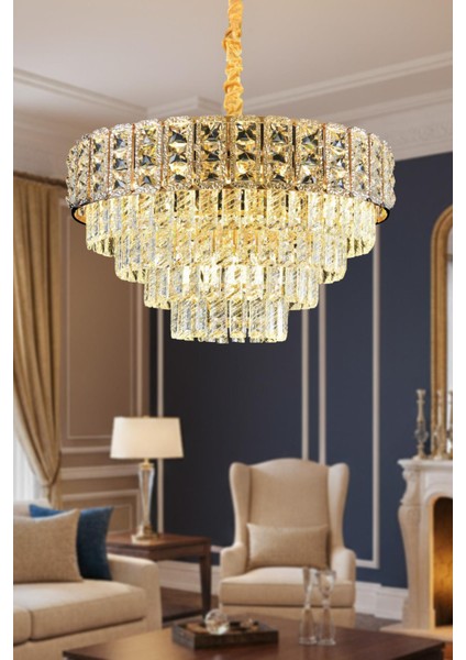 Asel Gold 50 cm Kristal Taşlı Modern Avize – Salon ve Oturma Odası