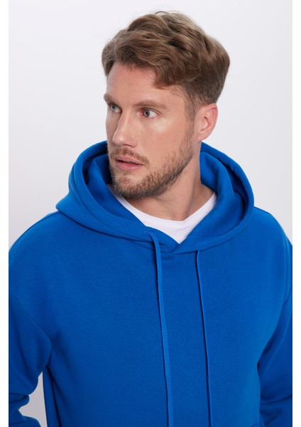 Unisex Oversize Geniş Kesim Pamuklu Yumuşak Dokulu Içi Polarlı Basıc Sax Mavi Kapüşonlu Sweatshirt