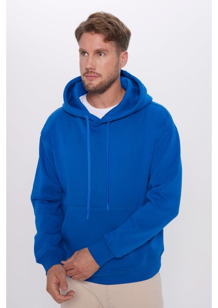 Unisex Oversize Geniş Kesim Pamuklu Yumuşak Dokulu Içi Polarlı Basıc Sax Mavi Kapüşonlu Sweatshirt fiyatları