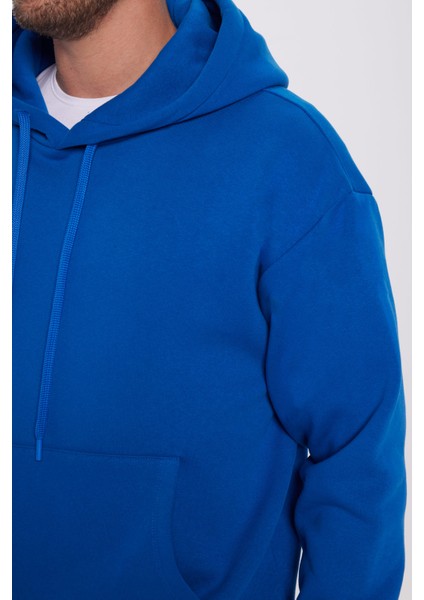 Unisex Oversize Geniş Kesim Pamuklu Yumuşak Dokulu Içi Polarlı Basıc Sax Mavi Kapüşonlu Sweatshirt modelleri