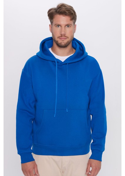Unisex Oversize Geniş Kesim Pamuklu Yumuşak Dokulu Içi Polarlı Basıc Sax Mavi Kapüşonlu Sweatshirt fırsatları