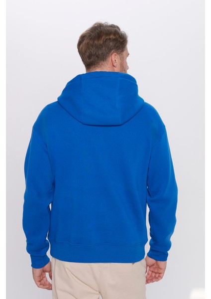 Unisex Oversize Geniş Kesim Pamuklu Yumuşak Dokulu Içi Polarlı Basıc Sax Mavi Kapüşonlu Sweatshirt indirimleri