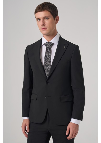 Erkek Siyah Poliviskon Basic Slim Fit Sivri Yaka Takım Elbise
