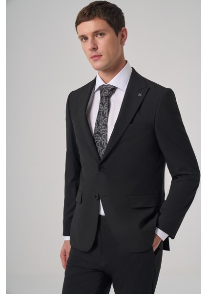 Erkek Siyah Poliviskon Basic Slim Fit Sivri Yaka Takım Elbise modelleri