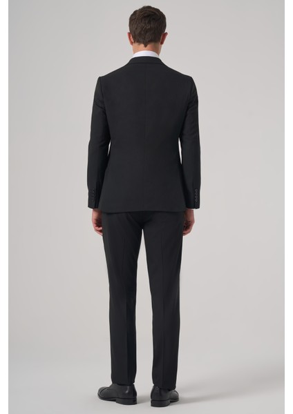 Erkek Siyah Poliviskon Basic Slim Fit Sivri Yaka Takım Elbise