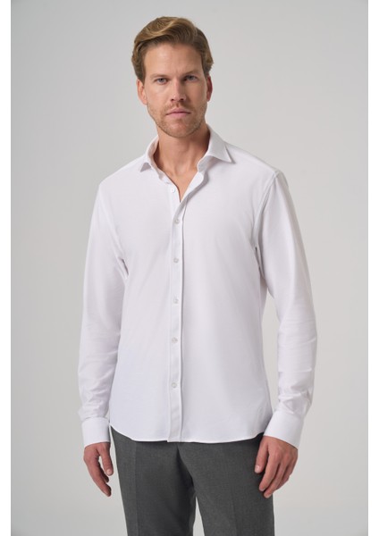 Erkek Beyaz Trend Düz Slim Fit Tam Italyan Yaka Gömlek