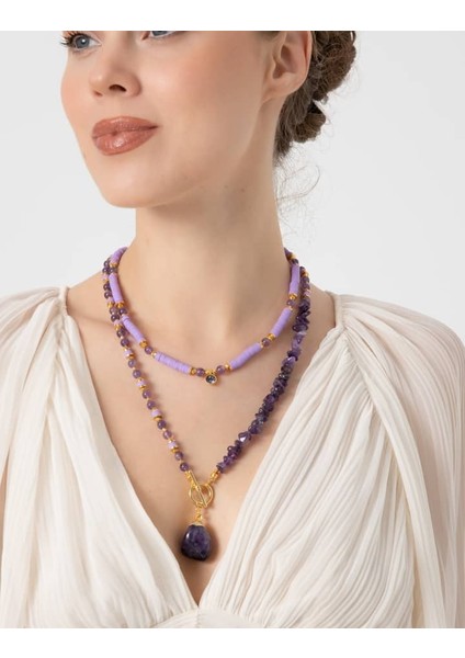 db Dilek Baş Tasarım Ametist Taşı ve Fimo Boncuklu Kolye