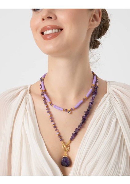 db Dilek Baş Tasarım Ametist Taşı ve Fimo Boncuklu Kolye fırsatları