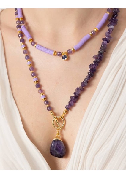 db Dilek Baş Tasarım Ametist Taşı ve Fimo Boncuklu Kolye