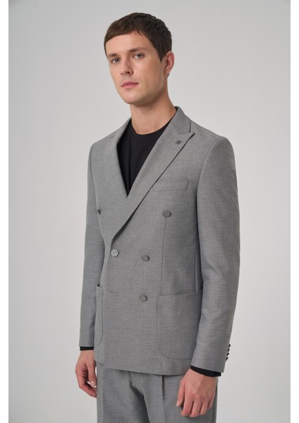 Erkek Gri Poliviskon Trend Desenli Slim Fit Sivri Yaka Takım Elbise