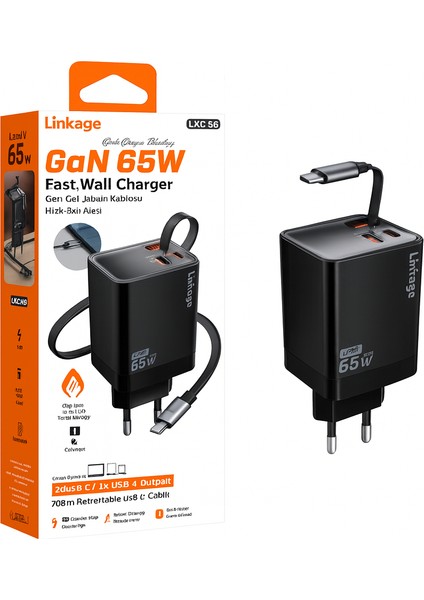 Linkage Lkc-56 Gan 65WATT 2xusb-C + 1xusb-A Çıkışlı, Dahili Usb-C Kablolu Hızlı Duvar Şarj Aleti