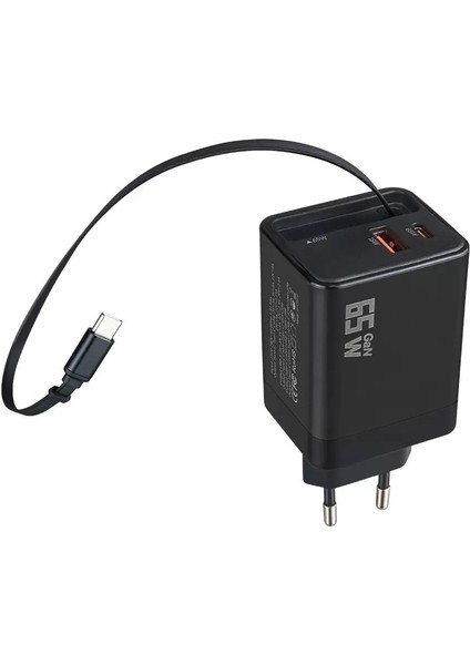 Linkage Lkc-56 Gan 65WATT 2xusb-C + 1xusb-A Çıkışlı, Dahili Usb-C Kablolu Hızlı Duvar Şarj Aleti
