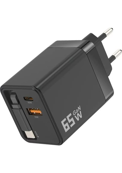 Linkage Lkc-56 Gan 65WATT 2xusb-C + 1xusb-A Çıkışlı, Dahili Usb-C Kablolu Hızlı Duvar Şarj Aleti