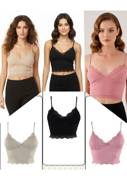 3'lü Crop Takım Askılı Dantelli Pedli Büstiyer Bluz (Paket Içeriği 1- Pembe, 1-Pembe, 1-Siyah)