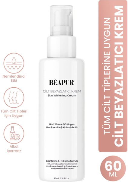 Krem Kolajen Cilt Beyazlatıcı, Aydınlatıcı Formül - Alpha Arbutin, Niacinamide & Glutathione 60 ml