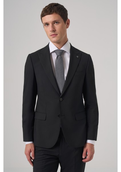 Erkek Siyah Poliviskon Basic Slim Fit Sivri Yaka Takım Elbise