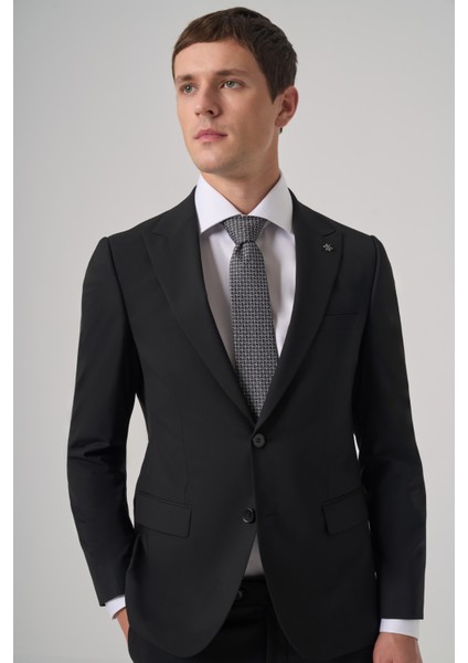 Erkek Siyah Poliviskon Basic Slim Fit Sivri Yaka Takım Elbise fiyatları